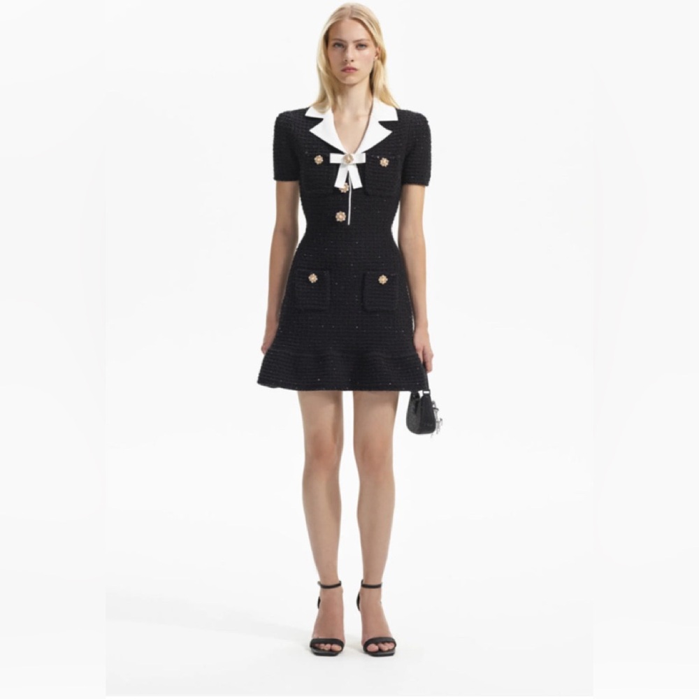 Self Portrait Black Knit Bow Mini Dress